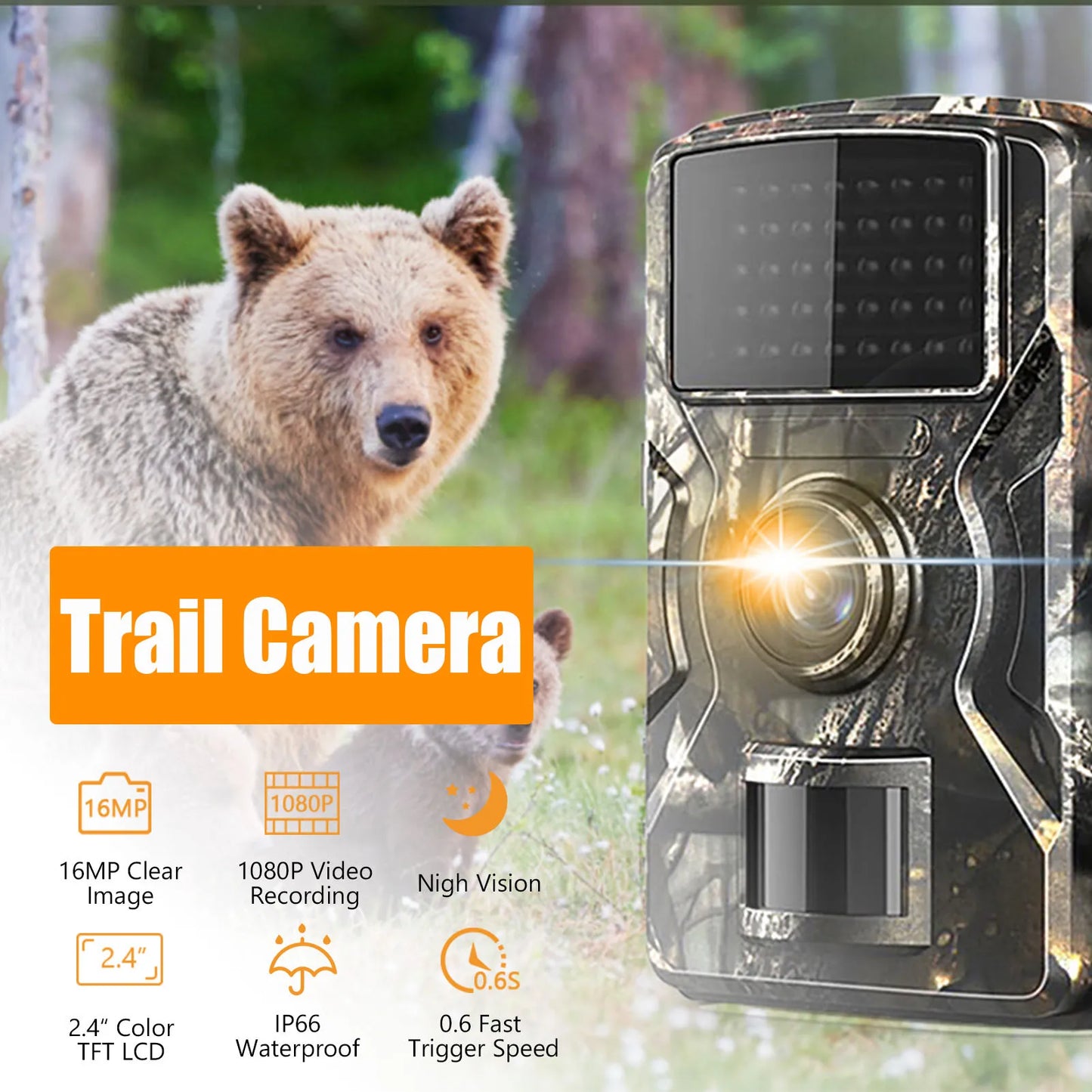 1080P Hunting Camera With 2in LCD 16MP Night Vision IP66