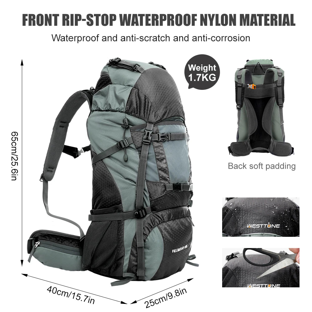 WestTune 60L Explorer Internal Frame Backpack With Rain Cover
