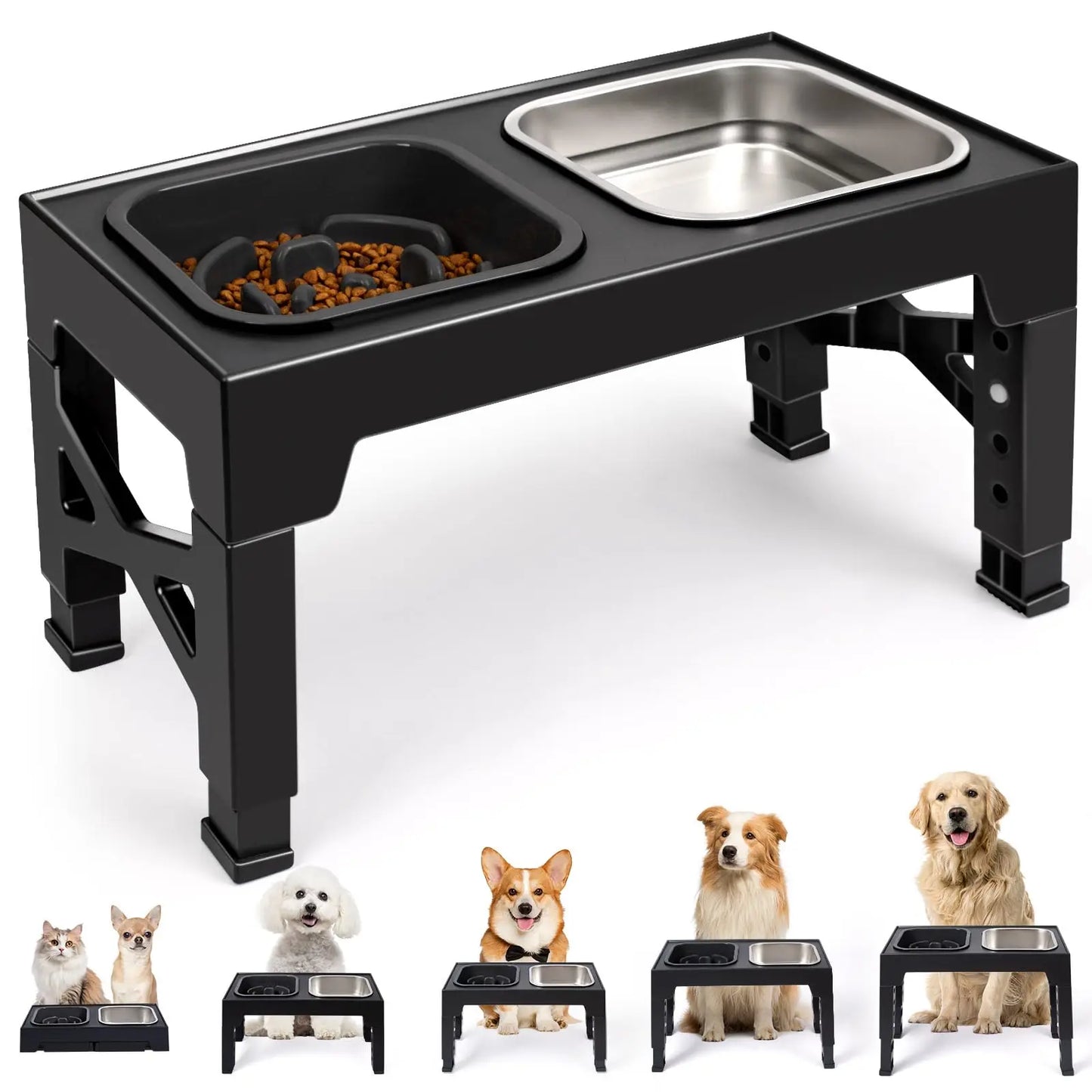 Elevated Slow Feeder Dog Bowls Stainless Steel With Foldable Stand