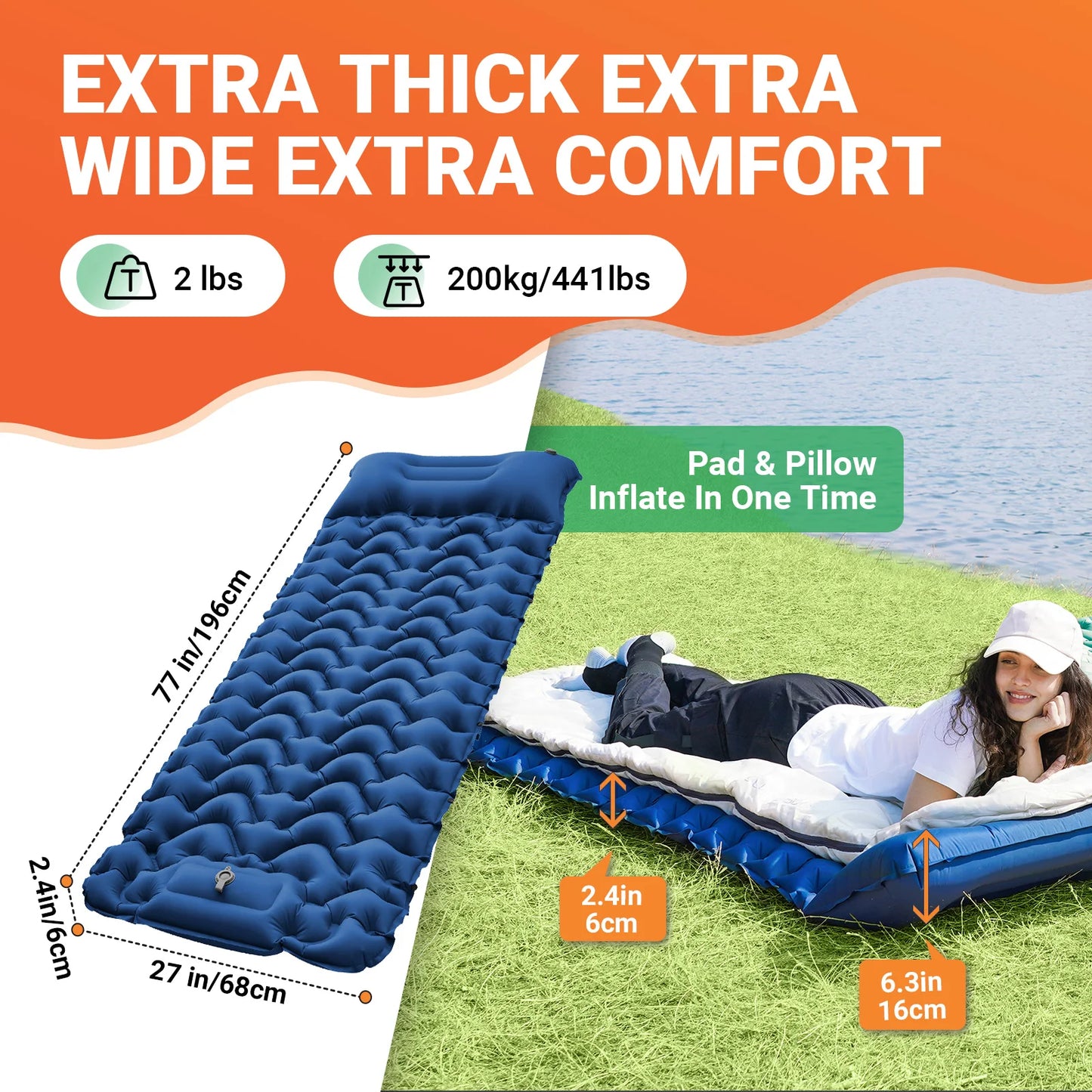KingCamp Self Inflating Sleeping Pad Ultralight With Built In Pillow Foot Pump