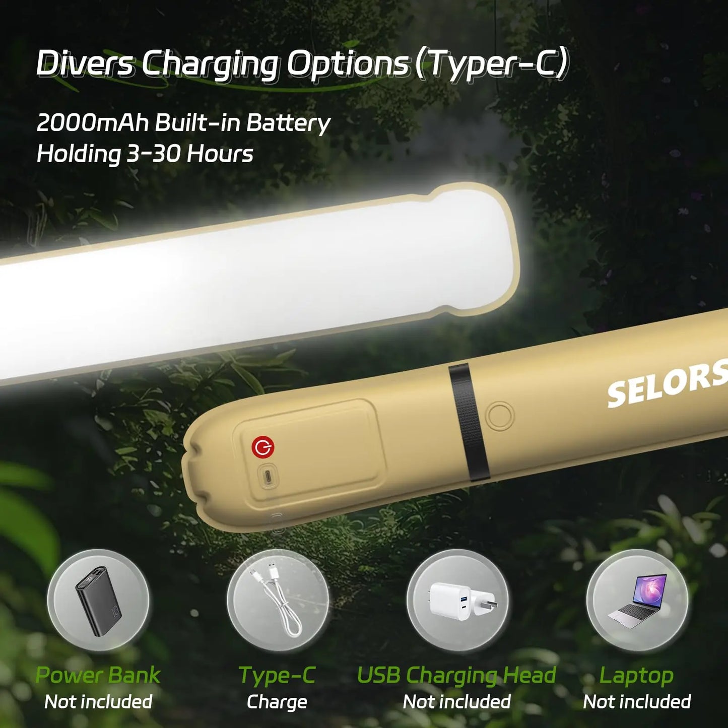 Selorss Rechargeable Portable Camping Light Waterproof 2000mAh Tent Spotlight