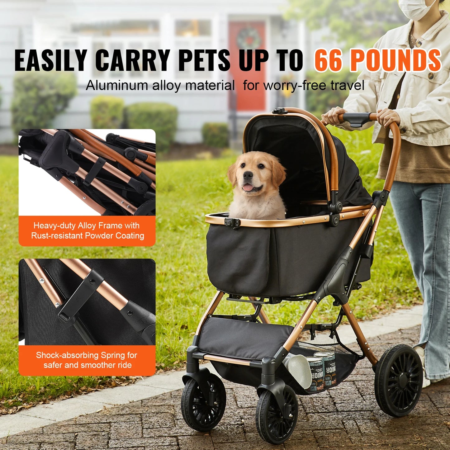SucceBuy Foldable Pet Stroller with Brakes and Detachable Carrier