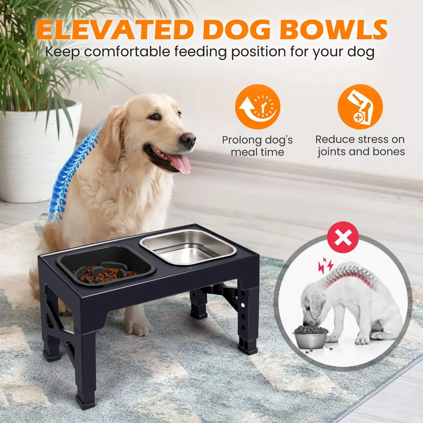 Elevated Slow Feeder Dog Bowls Stainless Steel With Foldable Stand