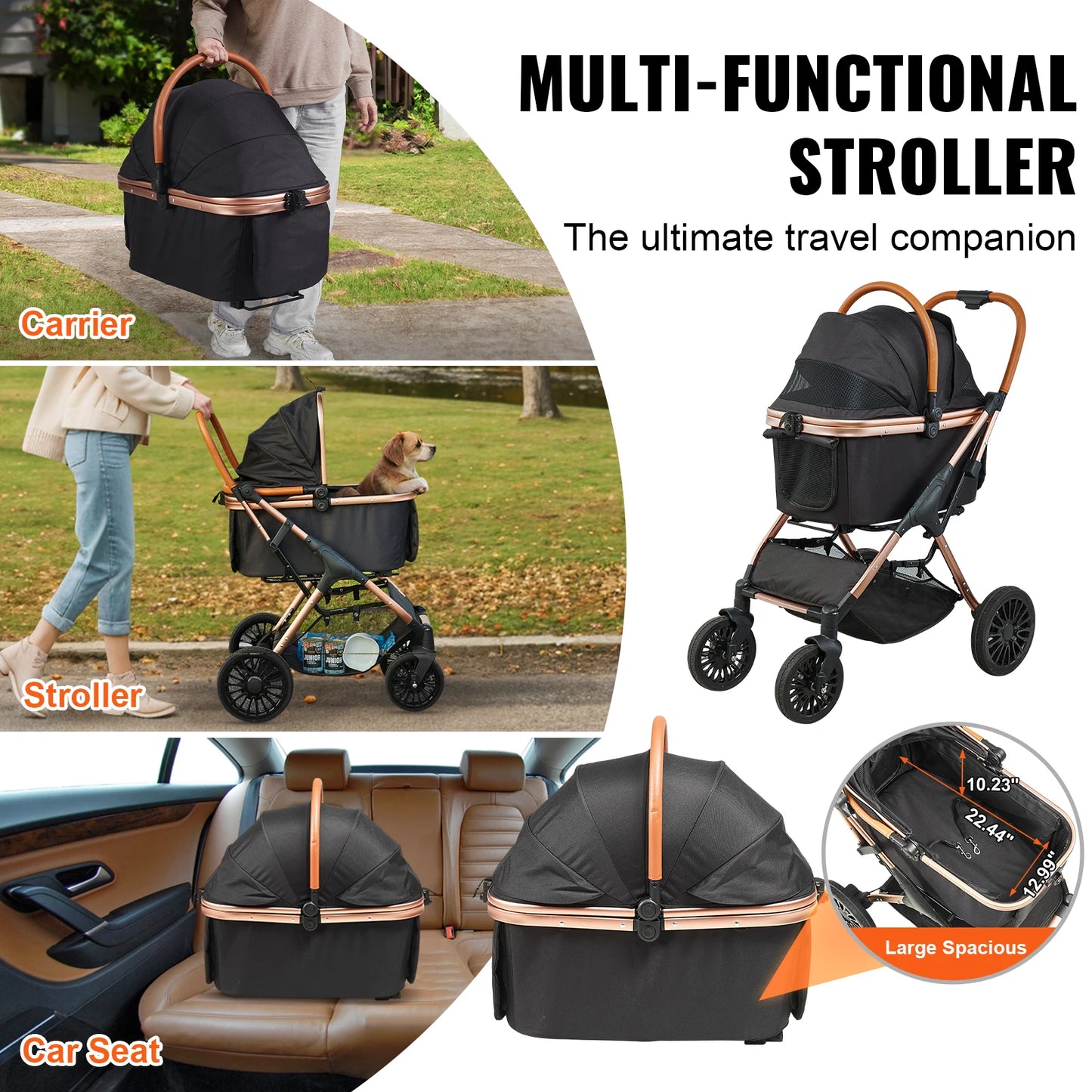 SucceBuy Foldable Pet Stroller with Brakes and Detachable Carrier