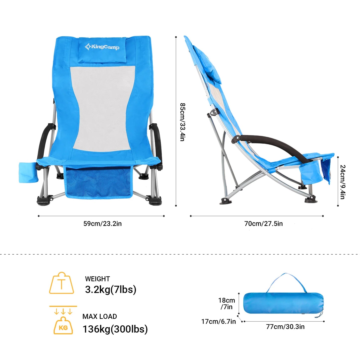 KingCamp High Back Beach Chair Camping Padded Armrests Cup Holder